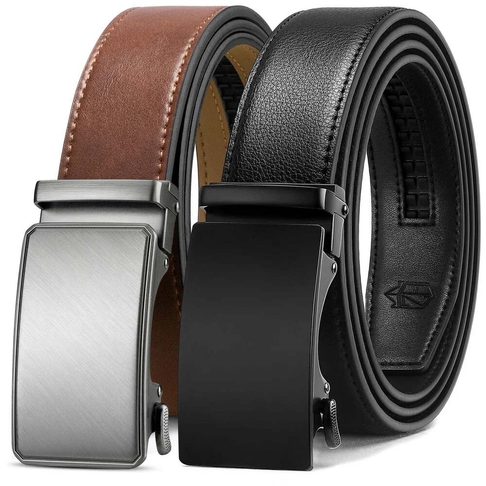 Zitahli Men's Ratchet Belt 2 Packs Leather Gift Dress CasualTrim Fit Size 34-48